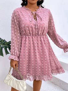 SHEIN LUNE Plus Swiss Dot Tie Neck Flounce Sleeve Ruffle Hem Chiffon Dress - Pink - View 4