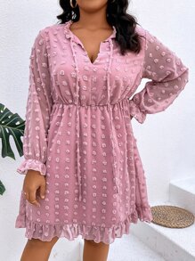 SHEIN LUNE Plus Swiss Dot Tie Neck Flounce Sleeve Ruffle Hem Chiffon Dress - Pink - View 5