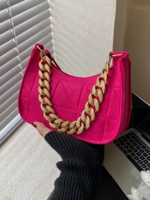 迷你螢光紅針腳細節鏈條毛氈流浪包 - 玫紅色 - 查看 1