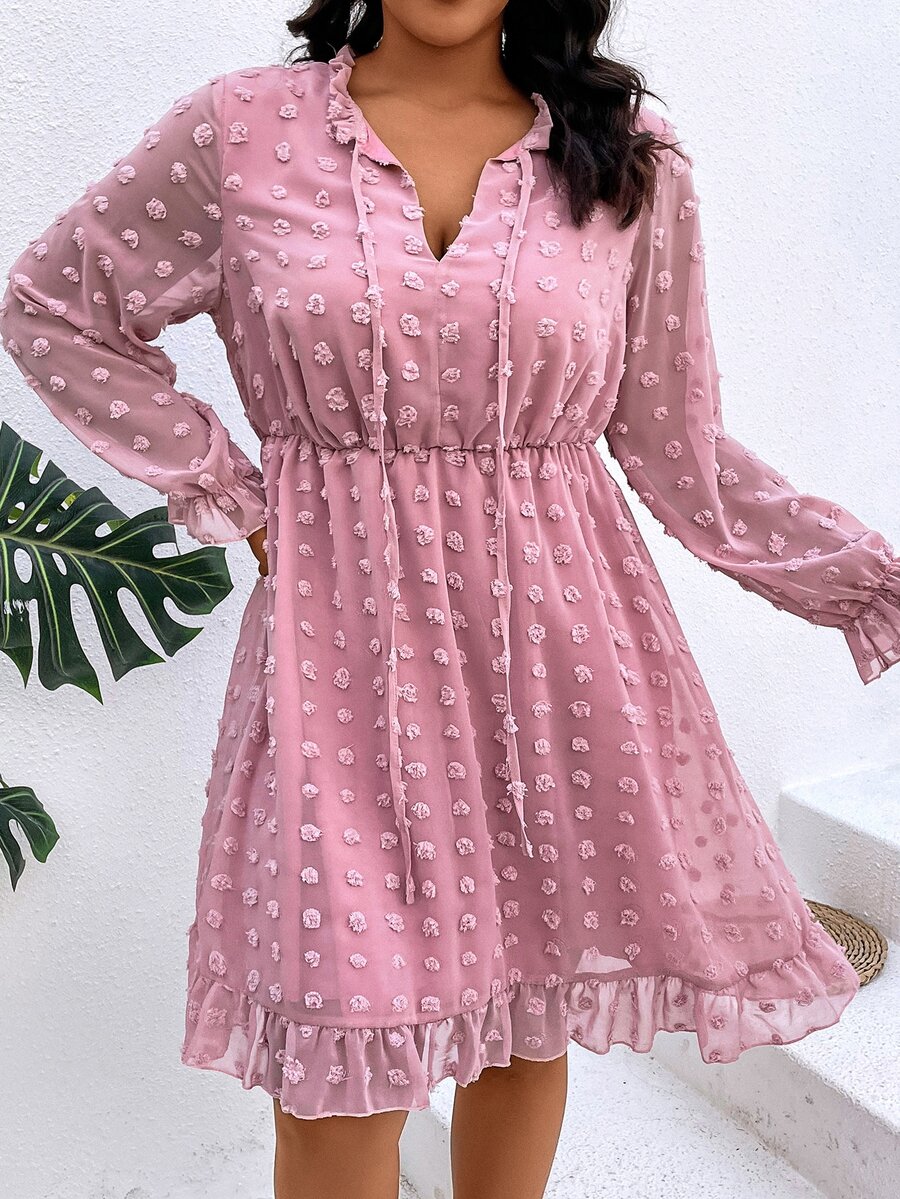 SHEIN LUNE Plus Swiss Dot Tie Neck Flounce Sleeve Ruffle Hem Chiffon Dress - Pink - View 1