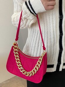 迷你螢光紅針腳細節鏈條毛氈流浪包 - 玫紅色 - 查看 4