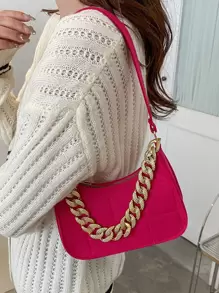 迷你螢光紅針腳細節鏈條毛氈流浪包 - 玫紅色 - 查看 5