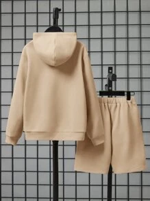 SHEIN 男孩標語圖案連帽衫和腰部抽繩短褲 - 卡其色 - 查看 2
