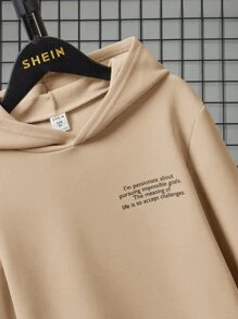 SHEIN 男孩標語圖案連帽衫和腰部抽繩短褲 - 卡其色 - 查看 3