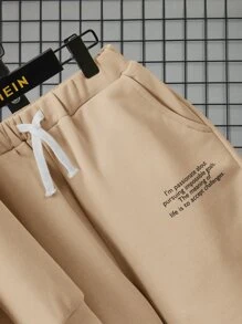 SHEIN 男孩標語圖案連帽衫和腰部抽繩短褲 - 卡其色 - 查看 4