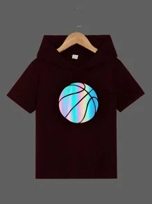 SHEIN Boys Reflective Basketball Print Hooded Tee - Maroon - View 1