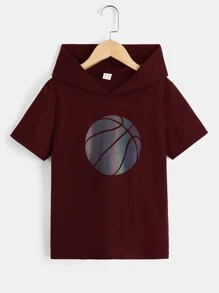 SHEIN Boys Reflective Basketball Print Hooded Tee - Maroon - View 2