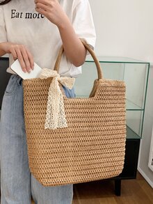 Bolsa de mimbre con diseño de lazo - Caqui - Ver 2