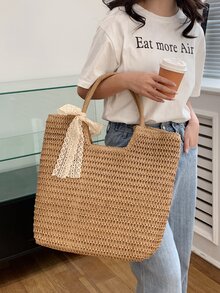 Bolsa de mimbre con diseño de lazo - Caqui - Ver 6