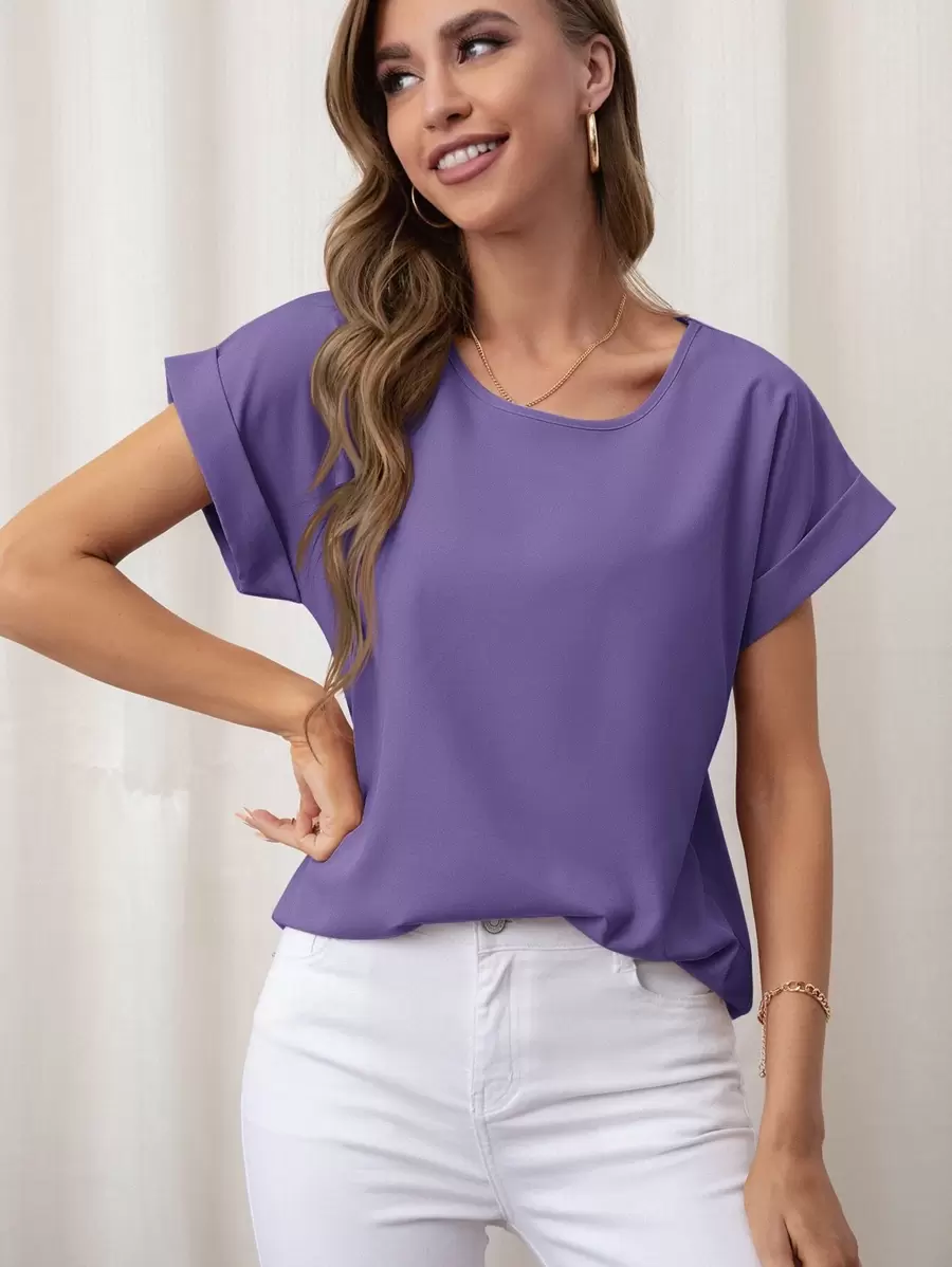 SHEIN LUNE Rolled Cuff Batwing Sleeve Blouse - Purple - View 1