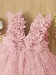 SHEIN 嬰兒女孩花朵拼接網紗連體裙 - 淺粉色 - 查看 3