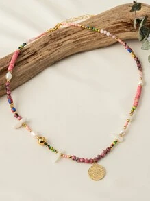 人造珍珠裝飾圓形吊飾串珠項鏈 - 彩色 - 查看 1