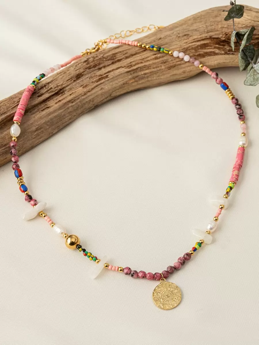 人造珍珠裝飾圓形吊飾串珠項鏈 - 彩色 - 查看 1