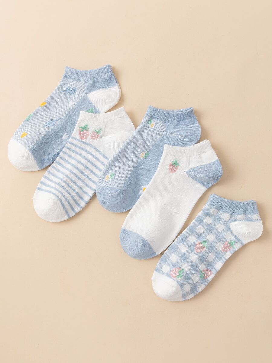 5 đôi Vớ mắt cá chân họa tiết sọc và dâu tây - Nhiều màu - Xem 1