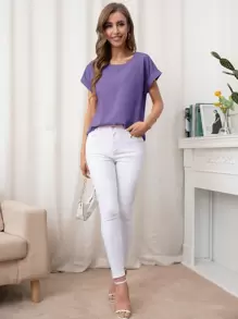 SHEIN LUNE Rolled Cuff Batwing Sleeve Blouse - Purple - View 3