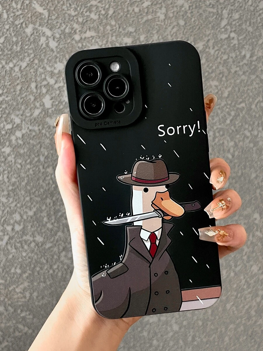 创意鸭形 TPU 防震手机壳适用于 iPhone 16、15、14、13、12、11、13 Pro Max、7 Plus - 黑與白 - 查看 1