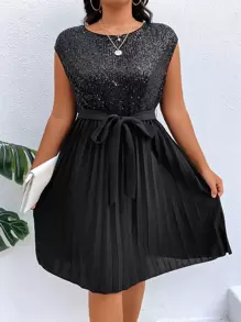 SHEIN Clasi Đầm Plus Size Thắt lưng ghép mộng kim sa Xếp li màu trơn Buổi tiệc - màu đen - Xem 1