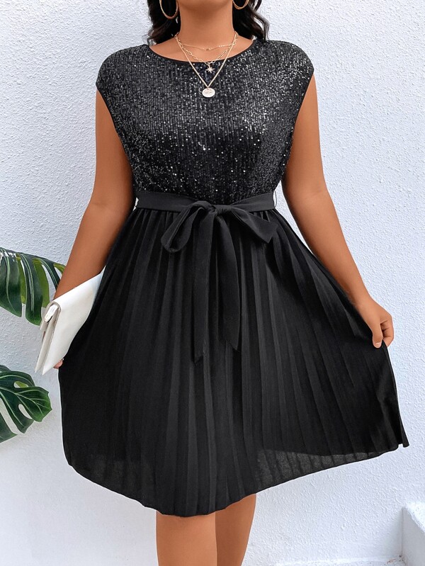 SHEIN Clasi Plus Contrast Sequin Pleated Hem Belted Dress