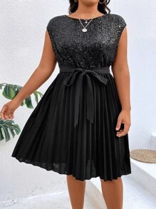 SHEIN Clasi Đầm Plus Size Thắt lưng ghép mộng kim sa Xếp li màu trơn Buổi tiệc - màu đen - Xem 4