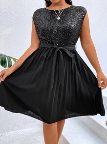 SHEIN Clasi Đầm Plus Size Thắt lưng ghép mộng kim sa Xếp li màu trơn Buổi tiệc - màu đen - Xem 5