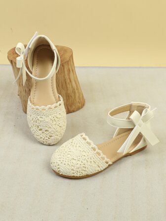 Girls Bow Decor Hollow Out Hook-and-loop Fastener Flats, Fashionable Outdoor Fabric Ankle Strap Flats