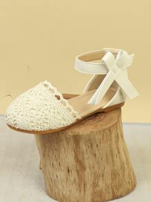 女孩蝴蝶結裝飾鏤空魔術貼戶外織物踝帶平底鞋 - 杏色 - 查看 3