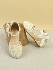 女孩蝴蝶結裝飾鏤空魔術貼戶外織物踝帶平底鞋 - 杏色 - 查看 4