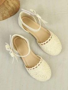 女孩蝴蝶結裝飾鏤空魔術貼戶外織物踝帶平底鞋 - 杏色 - 查看 6