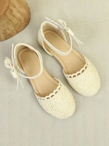 女孩蝴蝶結裝飾鏤空魔術貼戶外織物踝帶平底鞋 - 杏色 - 查看 7