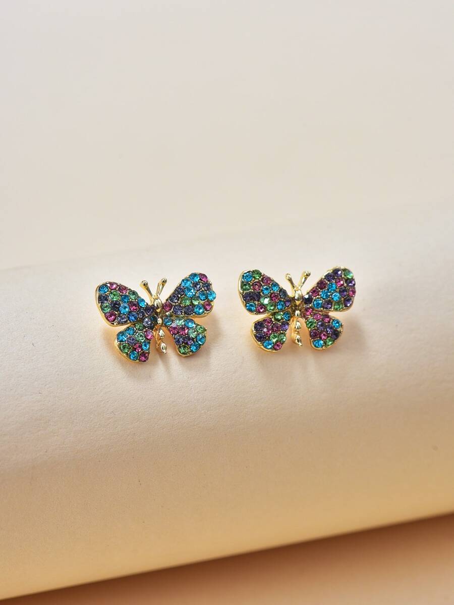 Rhinestone Butterfly Stud Earrings - Multicolor - View 1