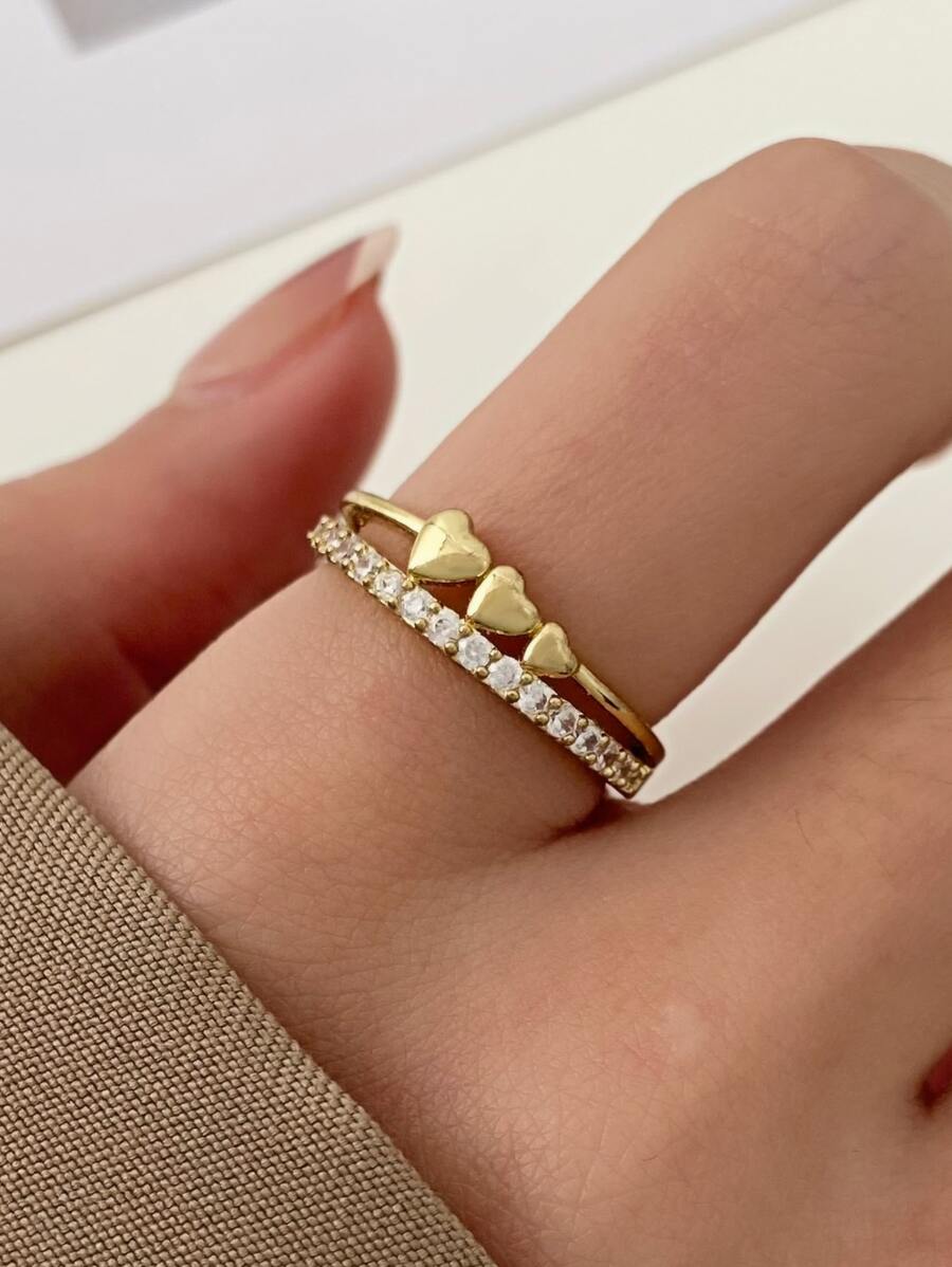 Anillo abierto con diamante de imitación & con adorno de corazón - Amarillo Oro - Ver 1
