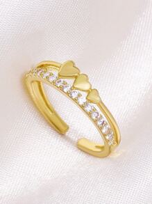Anillo abierto con diamante de imitación & con adorno de corazón - Amarillo Oro - Ver 2