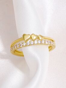 Anillo abierto con diamante de imitación & con adorno de corazón - Amarillo Oro - Ver 4