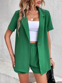 SHEIN LUNE Lapel Neck Single Button Blazer & Shorts - Green - View 4