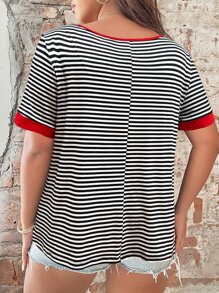 SHEIN LUNE Plus Striped Criss Cross Contrast Binding Tee Graphic Tees Women Tops - Black and White - View 2