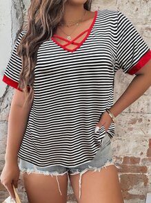 SHEIN LUNE Plus Striped Criss Cross Contrast Binding Tee Graphic Tees Women Tops - Black and White - View 3