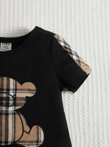 SHEIN 男嬰小熊刺繡拼接側邊接縫連身短褲 - 黑色 - 查看 4