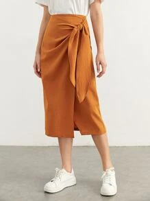 BizChic Wrap Knot Side Solid Skirt Workwear