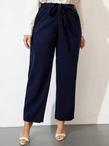 Mulvari Plus High Waist Belted Straight Leg Trousers - Navy Blue - View 3