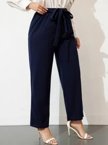 Mulvari Plus High Waist Belted Straight Leg Trousers - Navy Blue - View 4