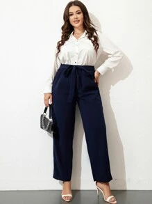 Mulvari Plus High Waist Belted Straight Leg Trousers - Navy Blue - View 6