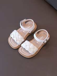 女孩編織設計露趾平底時尚白色踝帶涼鞋 - 米色 - 查看 1