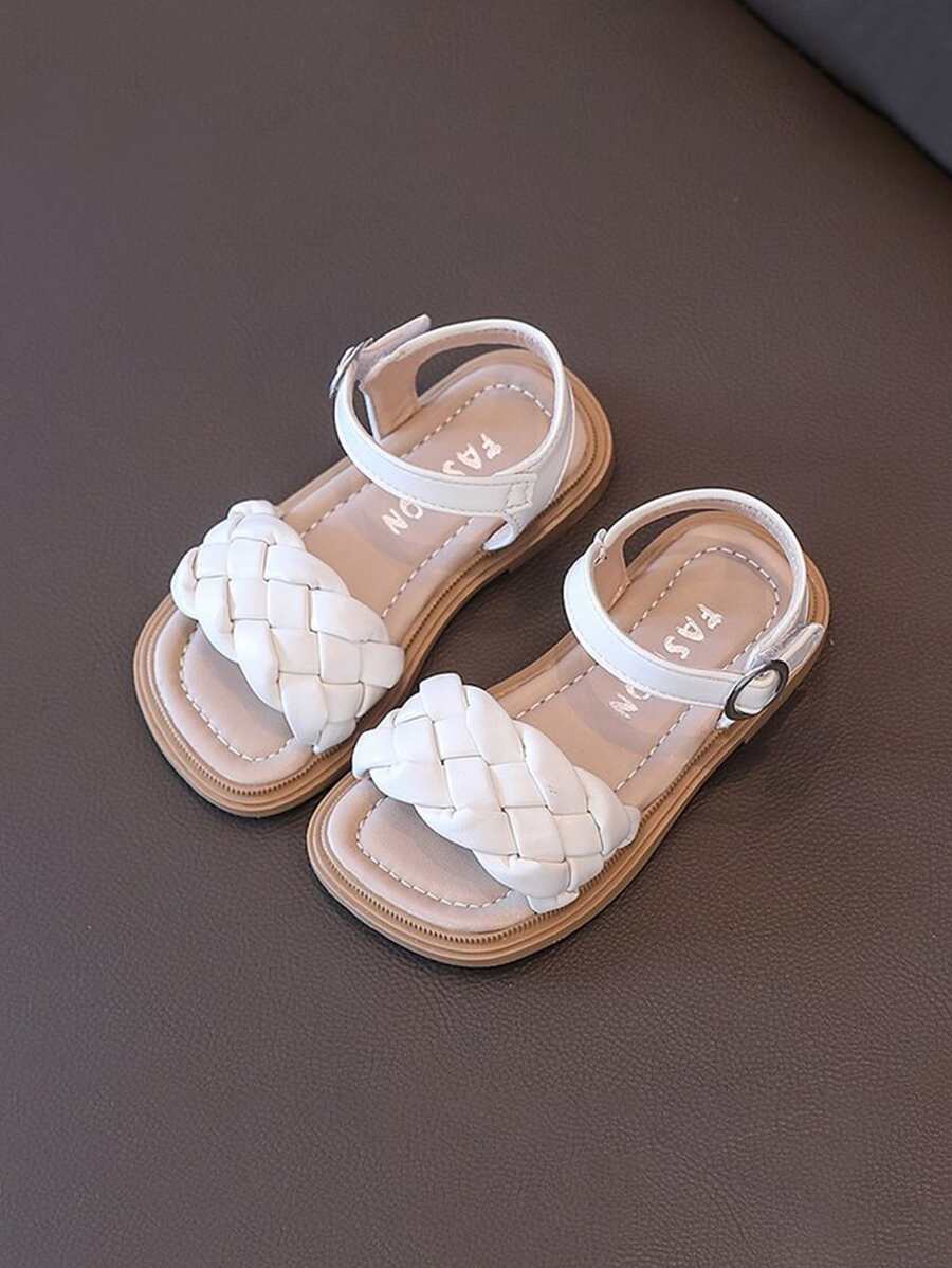女孩編織設計露趾平底時尚白色踝帶涼鞋 - 米色 - 查看 1
