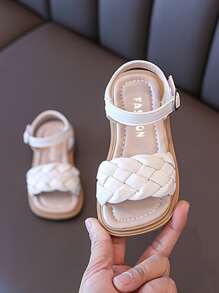 女孩編織設計露趾平底時尚白色踝帶涼鞋 - 米色 - 查看 3