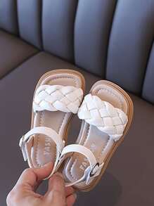 女孩編織設計露趾平底時尚白色踝帶涼鞋 - 米色 - 查看 4