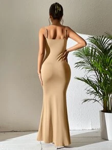 Firerie Vestido de tirantes unicolor bajo sirena - Caqui - Ver 2