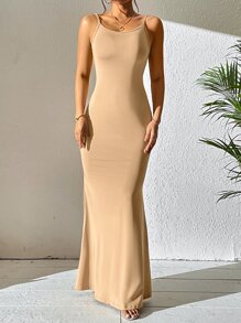 Firerie Vestido de tirantes unicolor bajo sirena - Caqui - Ver 4