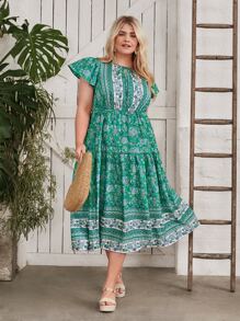 SHEIN VCAY Vestido con estampado floral de manga mariposa bajo con fruncido - Multicolor - Ver 3