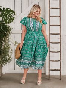 SHEIN VCAY Vestido con estampado floral de manga mariposa bajo con fruncido - Multicolor - Ver 4