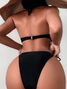 SHEIN Swim SXY 人造珍珠裝飾比基尼套裝吊脖提臀貝殼文胸和側繫帶丁字褲2入組泳衣 - 黑色 - 查看 2